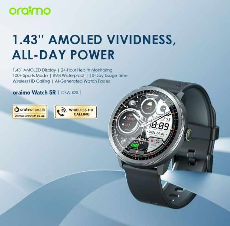 Oraimo Watch 5 Lite 2.01" HD IP68 Smart Watch 24-hour Health Monitoring