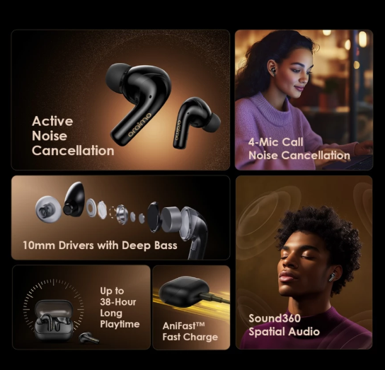 Oraimo OTW-626N Active noise cancellation Wireless Earphones TWS Bluetooth 5.4 with IPX5 Waterproof  Bluetooth Earphones