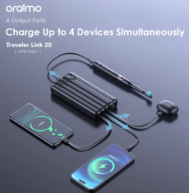 Oraimo OPB-P5201 20000mAh Built-in USB Recharging Cable 12W Fast Charging LED torch 4 Outputs  PowerBanks