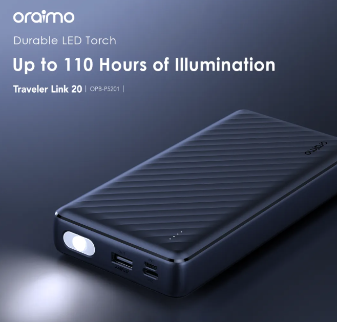 Oraimo OPB-P5201 20000mAh Built-in USB Recharging Cable 12W Fast Charging LED torch 4 Outputs  PowerBanks
