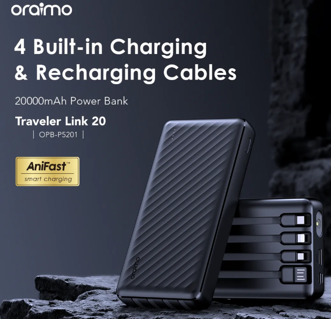 Oraimo OPB-P5201 20000mAh Built-in USB Recharging Cable 12W Fast Charging LED torch 4 Outputs  PowerBanks