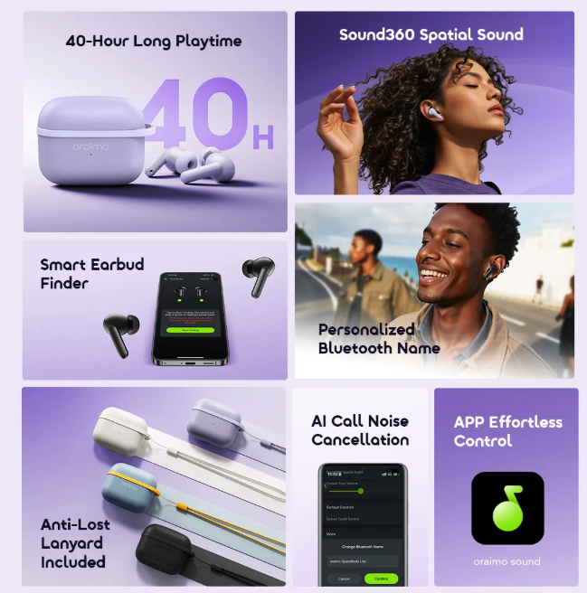 oraimo SpaceBuds Lite Sound360 Anti-Lost True Wireless Earbuds 40hrs Play time