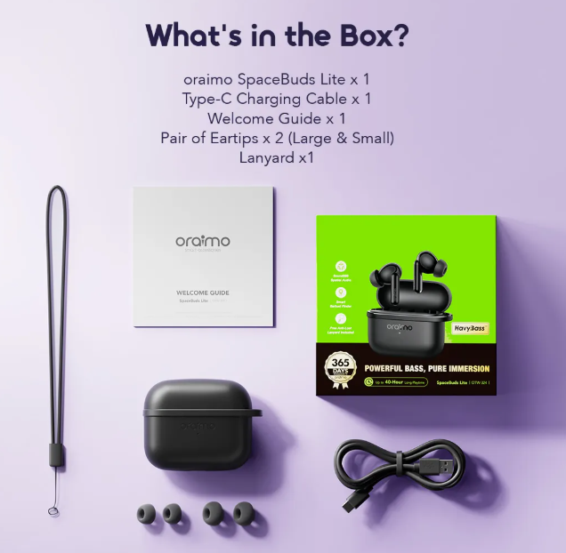 oraimo SpaceBuds Lite Sound360 Anti-Lost True Wireless Earbuds 40-Hr Long Playtime Bluetooth Earphones