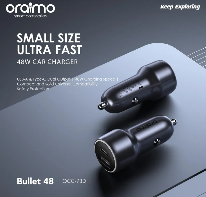 oraimo Bullet 48 48W Car Charge 18W+30W Fast Charge  USB-A & Type-C Output