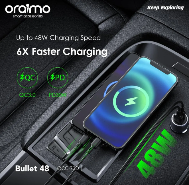 oraimo Bullet 48 48W Car Charge 18W+30W Fast Charge  USB-A & Type-C Output