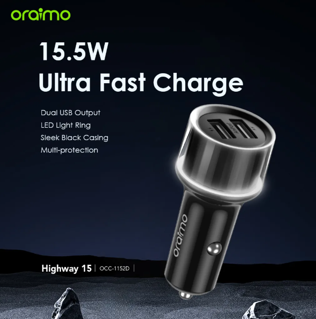 oraimo Highway 15 15.5W Car Charger  Dual USB Output