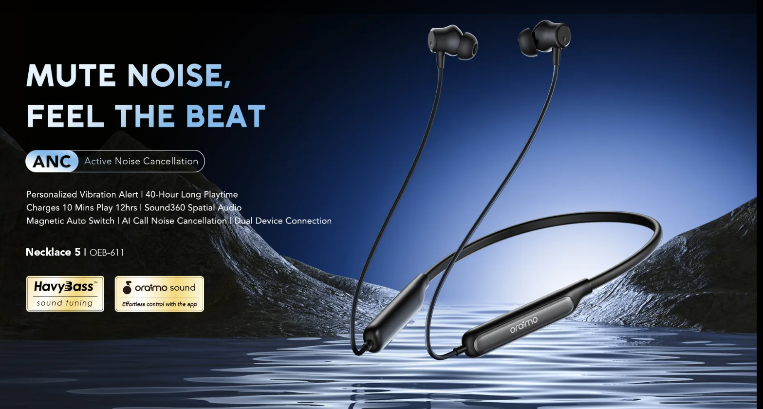oraimo Necklace 5 ANC Dual EQ Multiple Connection 40-hr playtime Quick Charge Neckband Earphone