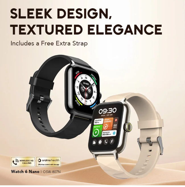 oraimo Watch 6 Nano 1.52" TFT Full Touch Smart Watch  Anti-Scratch Panda Glass +  Free Extra Strap