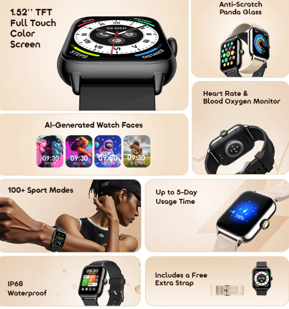 oraimo Watch 6 Nano 1.52" TFT Full Touch Smart Watch  Anti-Scratch Panda Glass +  Free Extra Strap