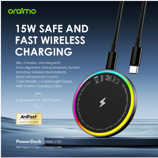 oraimo PowerDock 15W Magnetic Wireless Charging Hub MagSafe OWH-1151, fast charging 15W
Mini, Portable, Slim Design Wireless Chargers Wireless Chargers 

5A 3V Cable