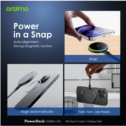 oraimo PowerDock 15W Magnetic Wireless Charging Hub MagSafe OWH-1151, fast charging 15W
Mini, Portable, Slim Design Wireless Chargers Wireless Chargers 

5A 3V Cable