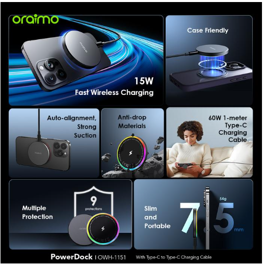 oraimo PowerDock 15W Magnetic Wireless Charging Hub MagSafe OWH-1151, fast charging 15W
Mini, Portable, Slim Design Wireless Chargers Wireless Chargers 

5A 3V Cable