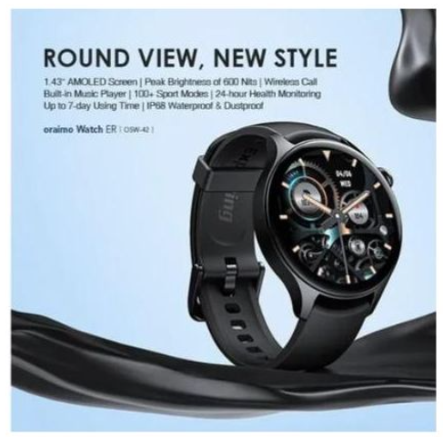 Oraimo Watch ER OSW-42 Bluetooth Calling Smart Watch – 1.43 Inch AMOLED 100 Plus Sports Modes IP68 Black Smartwatches