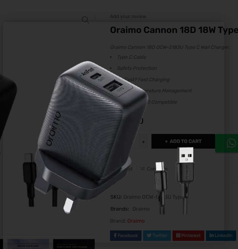 Oraimo Can-non 18D 18W Wall Charger Kit +type C Cable WALLCHARGER