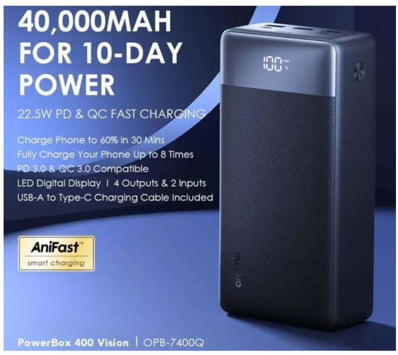 Oraimo PowerBox 400 Vision 40000mAh 22.5W  fast charging Power Bank with LED Screen Display.
