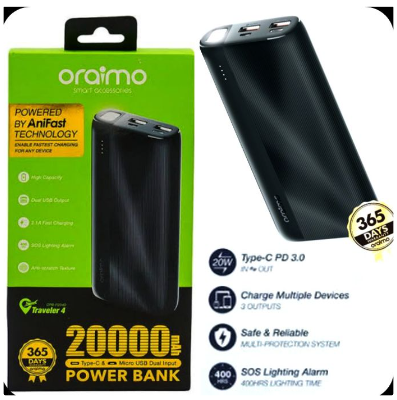 Oraimo Traveller Super Fast Charging Powerbank 20000mAh Power Bank / Longlasting -Black..