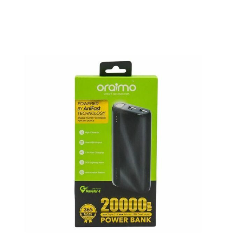 Oraimo Traveller Super Fast Charging Powerbank 20000mAh Power Bank / Longlasting -Black..