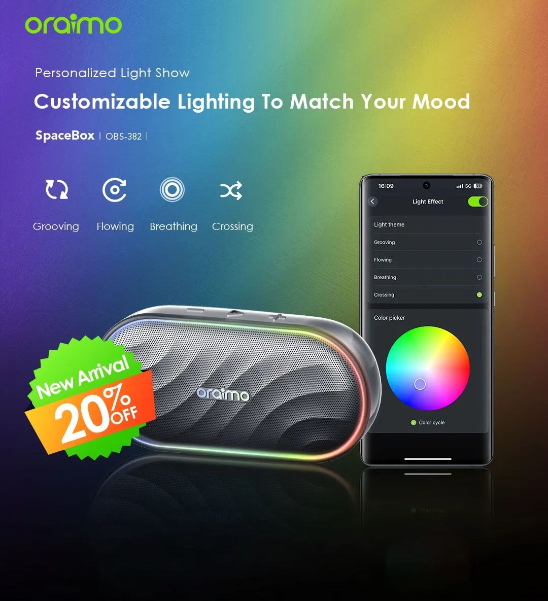 Oraimo SpaceBox FM and Customizable Lights and EQ Wireless Bluetooth Speaker