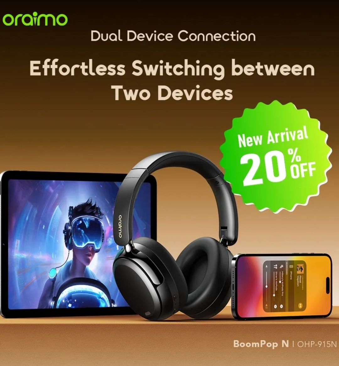 OFFER! Oraimo BoomPop N with Hybrid Noise Cancellation,  65-hr Long Playtime and Dual Device Connection  Wireless Bluetooth Headphones Earphones