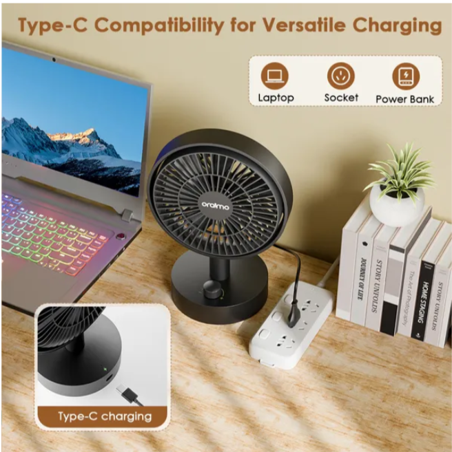 oraimo SmartTableFan 5W Table Fan,Brushless Motor, 2140 RPM, Up to 7 Hours Run Time,Stepless Speed Setting & Quiet Airflow