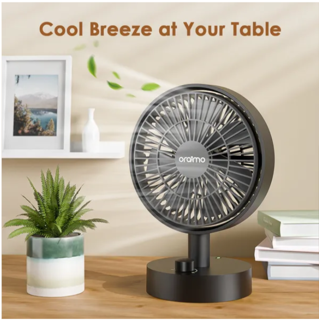 oraimo SmartTableFan 5W Table Fan,Brushless Motor, 2140 RPM, Up to 7 Hours Run Time,Stepless Speed Setting & Quiet Airflow