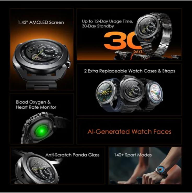 oraimo Watch Pro X 1.43'' Amoled IP68 waterproof Smart Watch with 2 Replaceable Watch Cases & Straps  Smartwatches