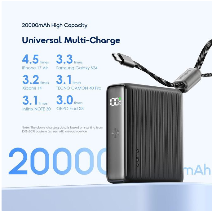 Oraimo PowerNova L21 Power Bank 20000mAh 30W Fast Charging Built-In Cable