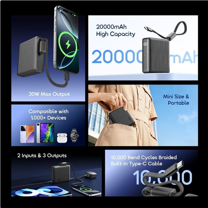 Oraimo PowerNova L21 Power Bank 20000mAh 30W Fast Charging Built-In Cable