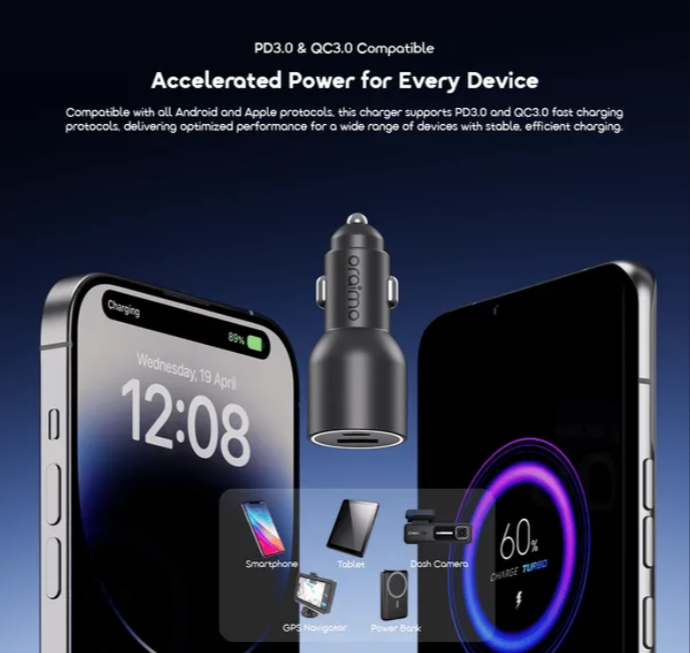 NEW ARRIVAL!! Oraimo PowerDrive 7691 Pro 69W Dual Super Car Charger with a free USB C to C cable Automobile Chargers