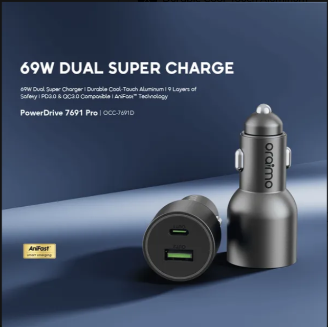 NEW ARRIVAL!! Oraimo PowerDrive 7691 Pro 69W Dual Super Car Charger with a free USB C to C cable Automobile Chargers