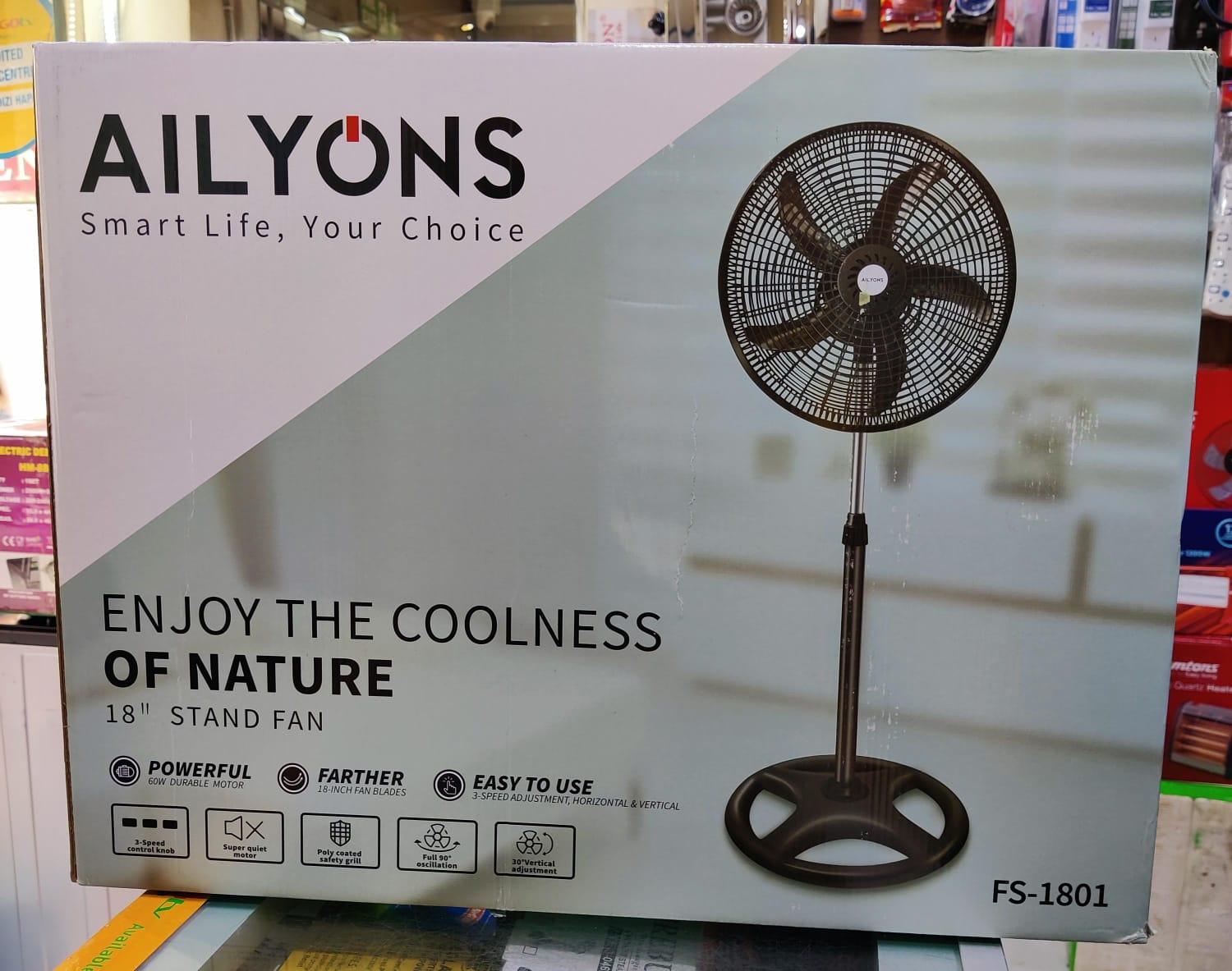 AILYONS 18 Inches Standing Fan This silent and breezy stand fan is designed to last long with its sturdy design and long life motor.High efficiency blades that provide the most uncompromising cooling