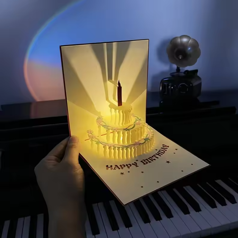 3D Light Music Birthday Card Pop Up Cake Creative Greeting Card Happy Birthday Party Gift Message Cards