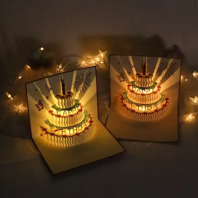 3D Light Music Birthday Card Pop Up Cake Creative Greeting Card Happy Birthday Party Gift Message Cards