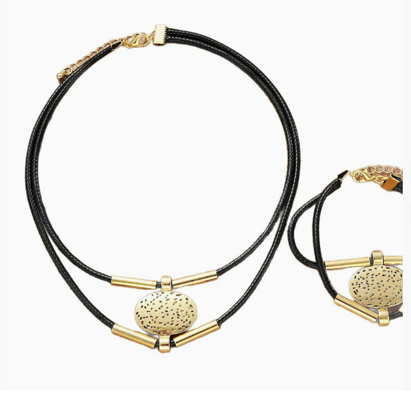 Women's Necklace Bracelet New Retro Double-Layer Metal Bent tube necklace copper tube alloy wax rope set