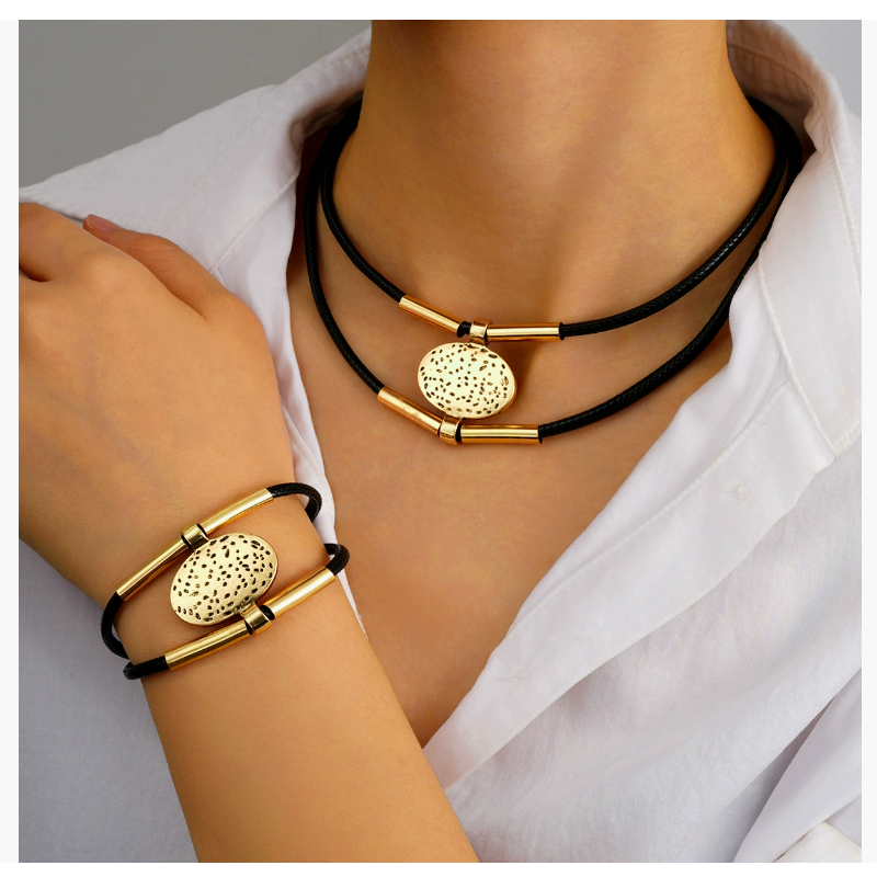 Women's Necklace Bracelet New Retro Double-Layer Metal Bent tube necklace copper tube alloy wax rope set