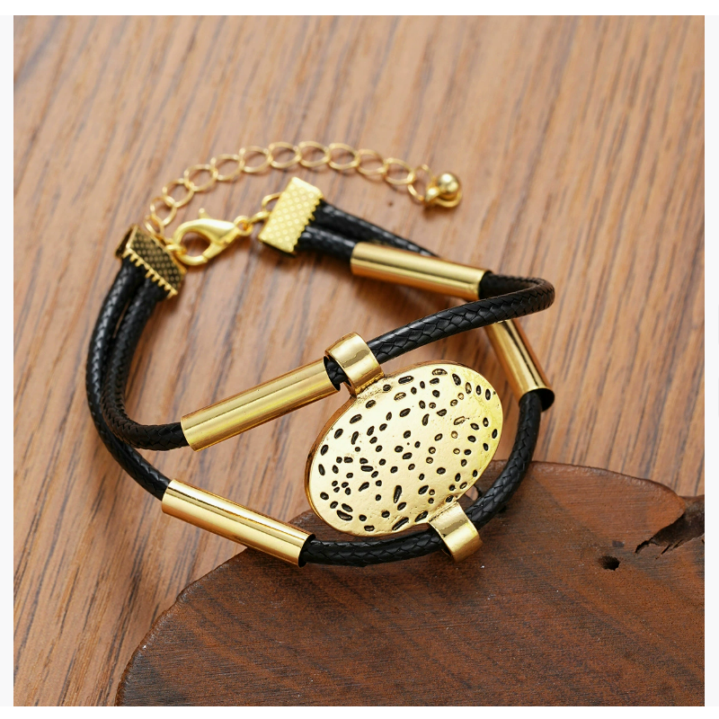 Women's Necklace Bracelet New Retro Double-Layer Metal Bent tube necklace copper tube alloy wax rope set