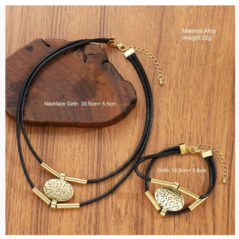 Women's Necklace Bracelet New Retro Double-Layer Metal Bent tube necklace copper tube alloy wax rope set