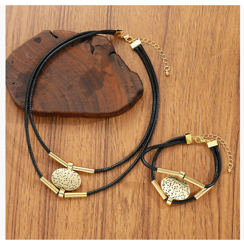 Women's Necklace Bracelet New Retro Double-Layer Metal Bent tube necklace copper tube alloy wax rope set