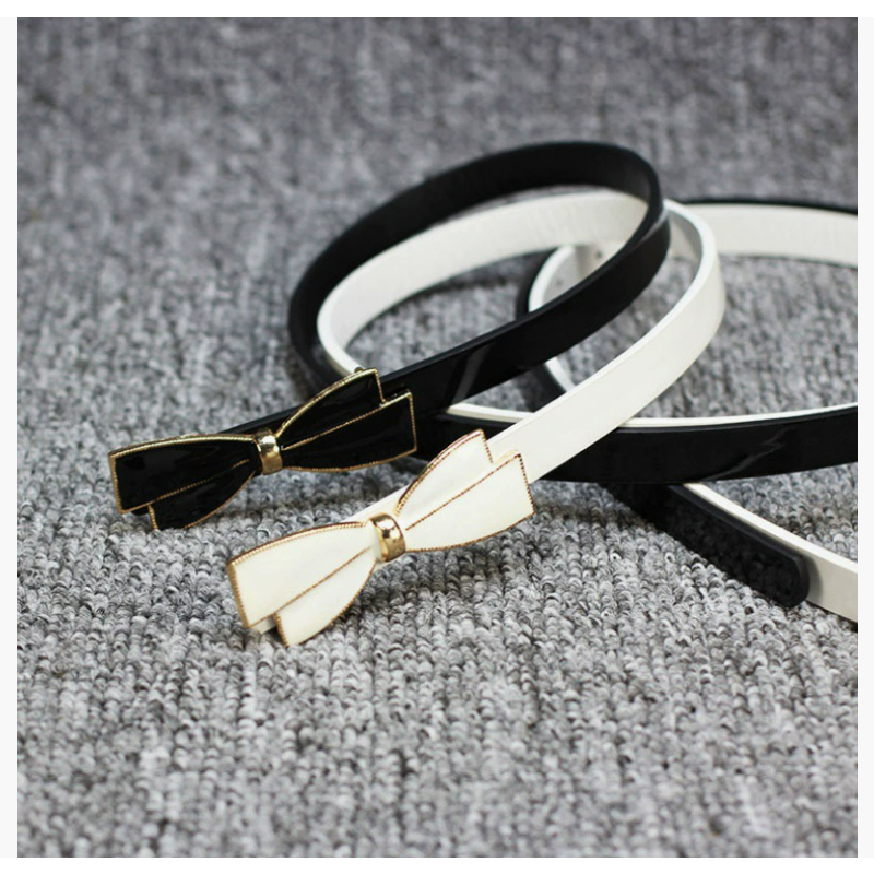 Butterfly knot buckle sweet thin belt for women, patent leather small belt, Korean version versatile long shirt dress decoration