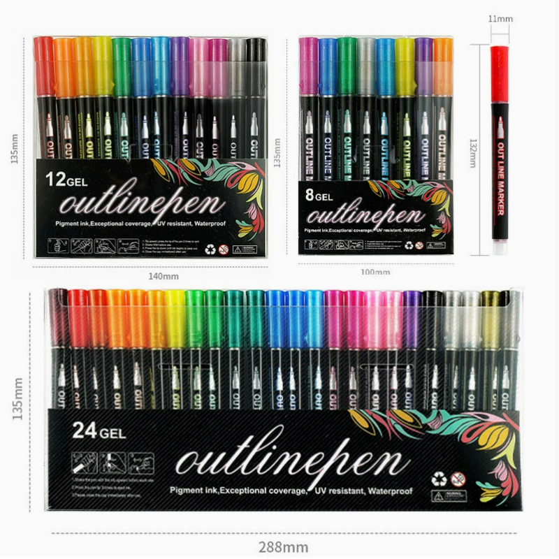 8/24 colors Double-line Outline pen contour pen Dream flash pen Metal color marker DIY handbook fluorescent marker