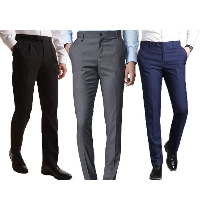 Fashion 3 Pack Of Men's Formal Trousers - Black, Grey, & Navy Blue