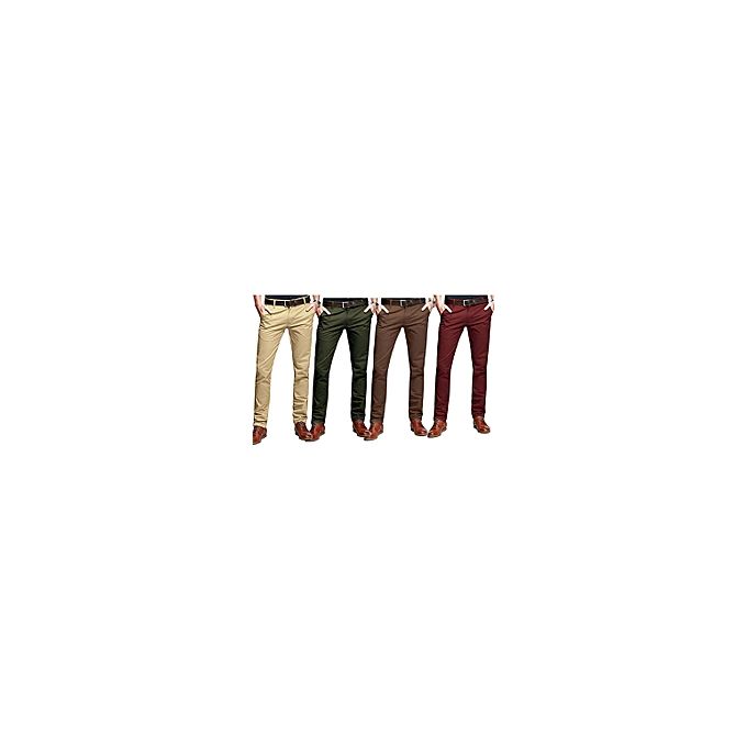 4Pack, Soft Khaki Men's Trouser Slim Fit Official Casual- Beige,Green,Chocolate&Maroon