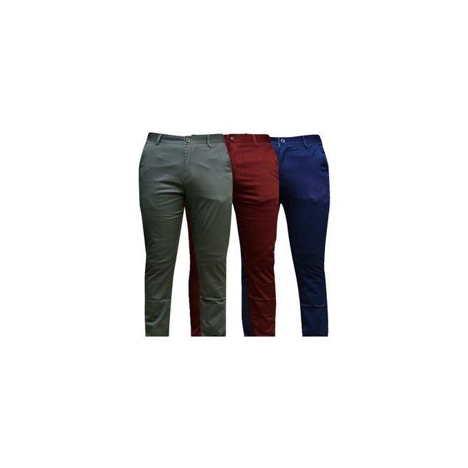 3 Pcs Soft Khaki Men's Trouser Slim Fit- Royal Blue Chocolate Black