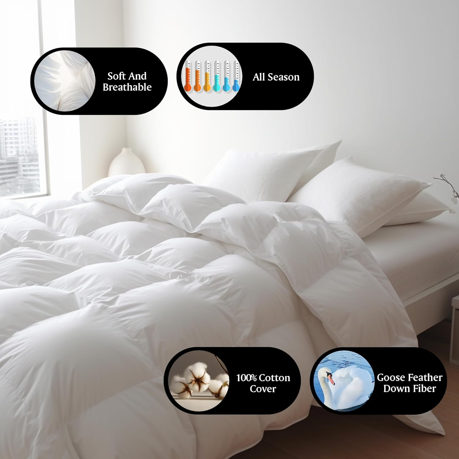 VitafoamDown Fiber Comforter - Duvet Insert, 100% Cotton Cover All Season Comforter Ultra Soft Luxurious Hotel Bedding,