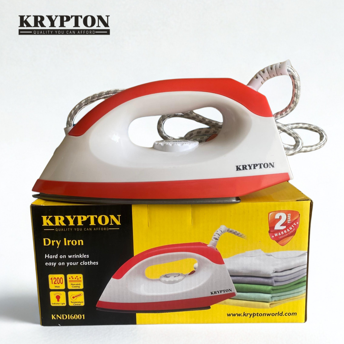KRYPTON KNDI6001 Dry Iron Box is compact and energy efficent with power rated at 1200w. It has a beautiful design and pattern in red & white colors. Comes with non-stick coating to be easy on clothes