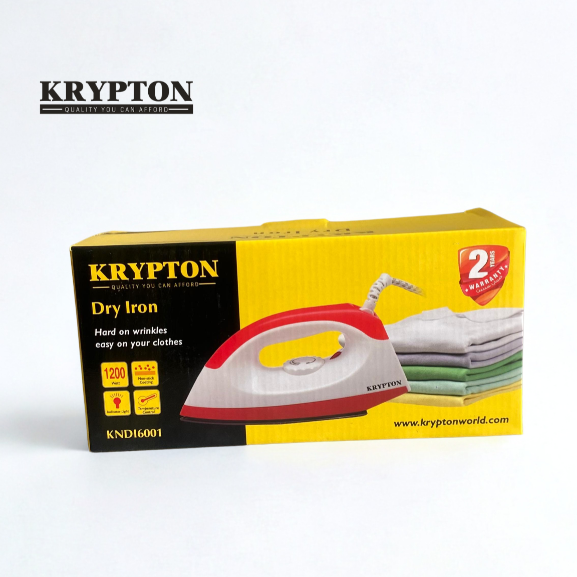 KRYPTON KNDI6001 Dry Iron Box is compact and energy efficent with power rated at 1200w. It has a beautiful design and pattern in red & white colors. Comes with non-stick coating to be easy on clothes