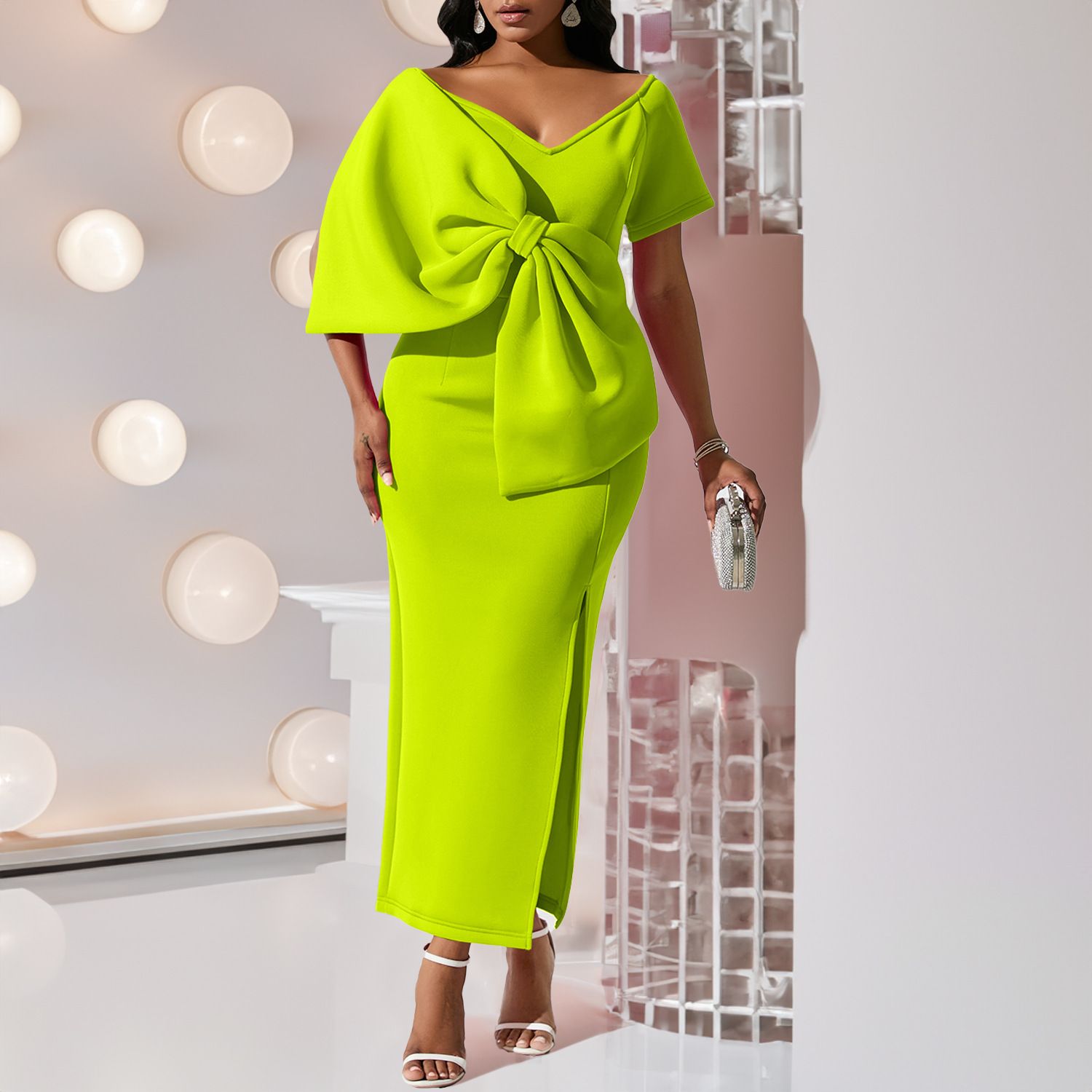 Party dress sexy big bow slit dress with hip wrap skirt dress Sheath Dress Package Hip Skirt Women's Clothing Fashion Dress