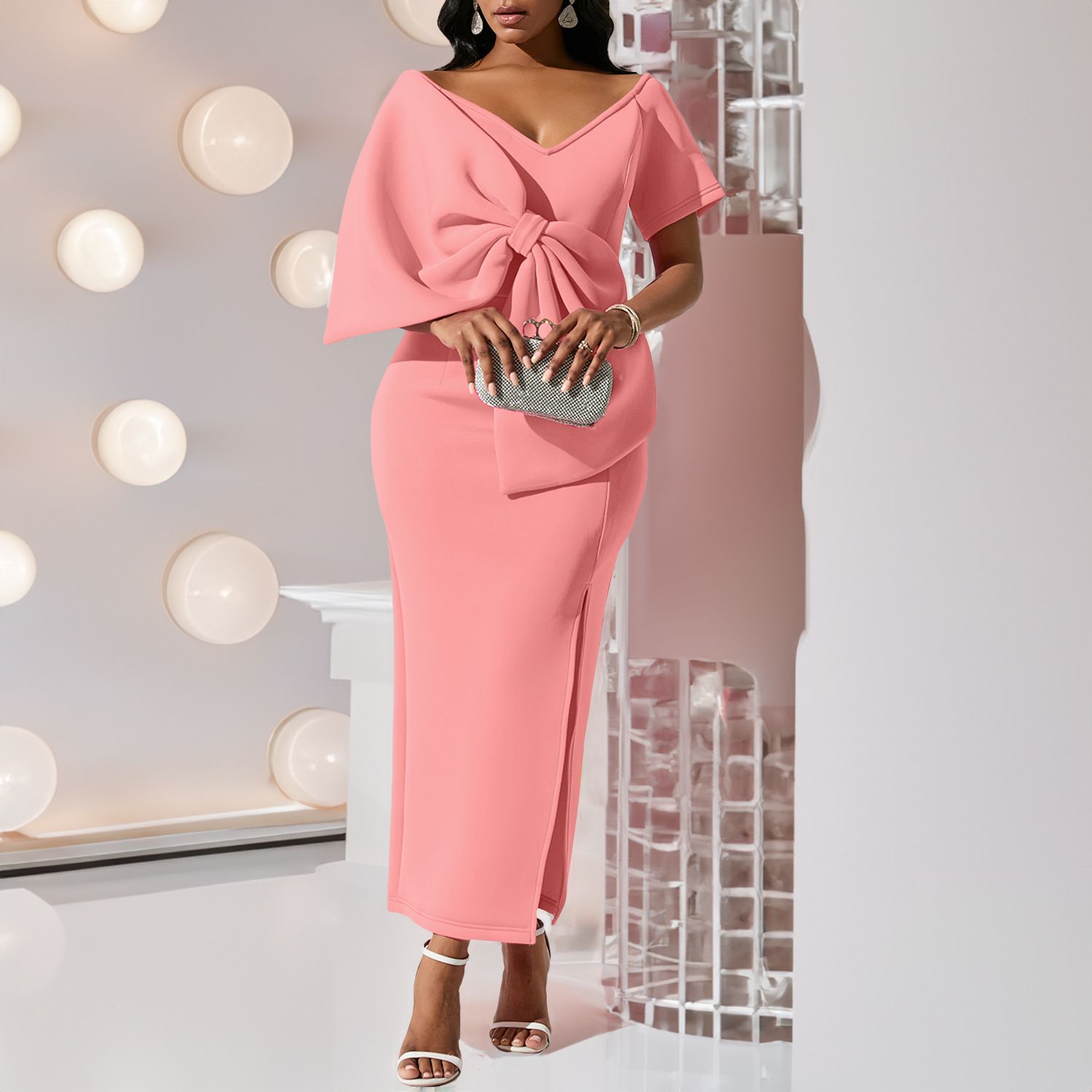 Party dress sexy big bow slit dress with hip wrap skirt dress Sheath Dress Package Hip Skirt Women's Clothing Fashion Dress