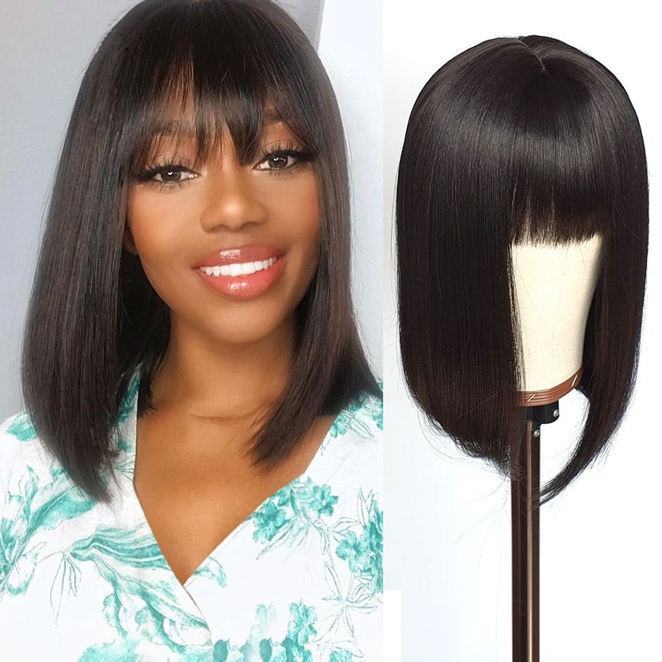 FBK Wig Straight Hair Wig Women's Short hair BOBO Wig Synthetic Wig Black,As picture