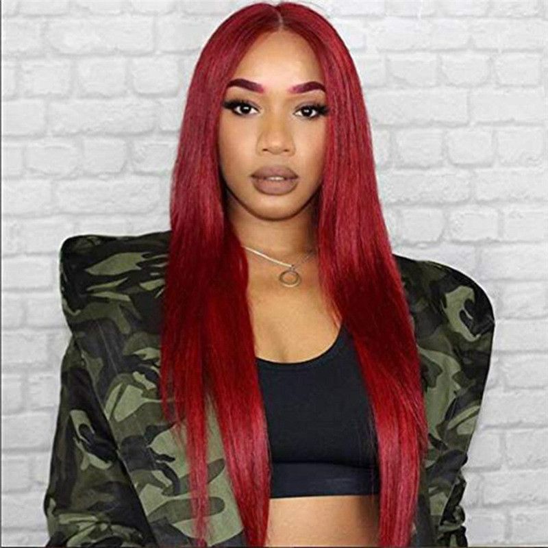 Colored Wig Ladies Hair Female Long Straight Hair Wine Red Synthetic Long Hair wine red,As picture